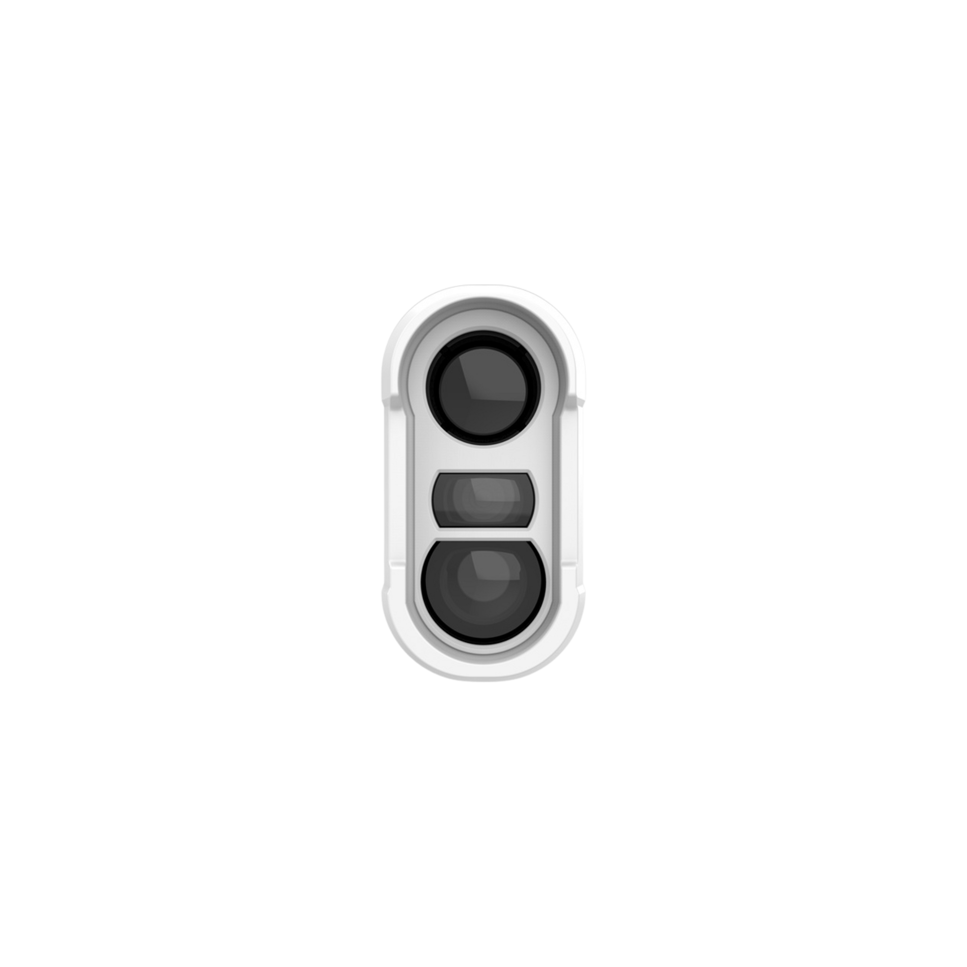 White camera lens cap with black lenses on a white background