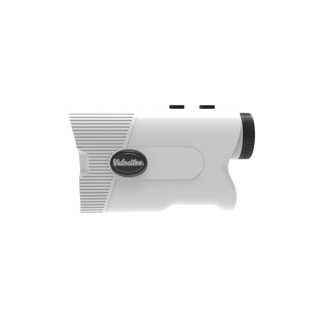 White laser rangefinder with black accents