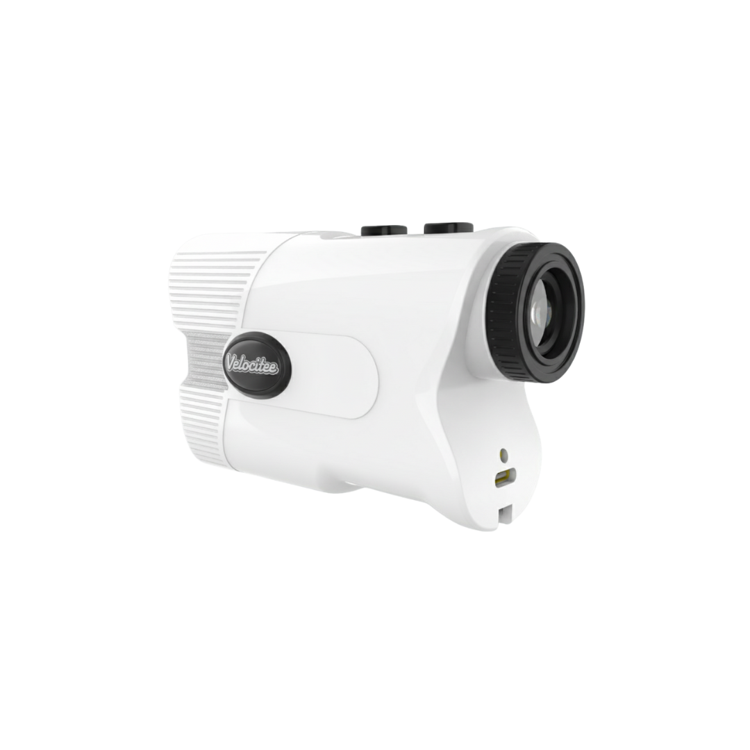 White laser rangefinder with a brand logo