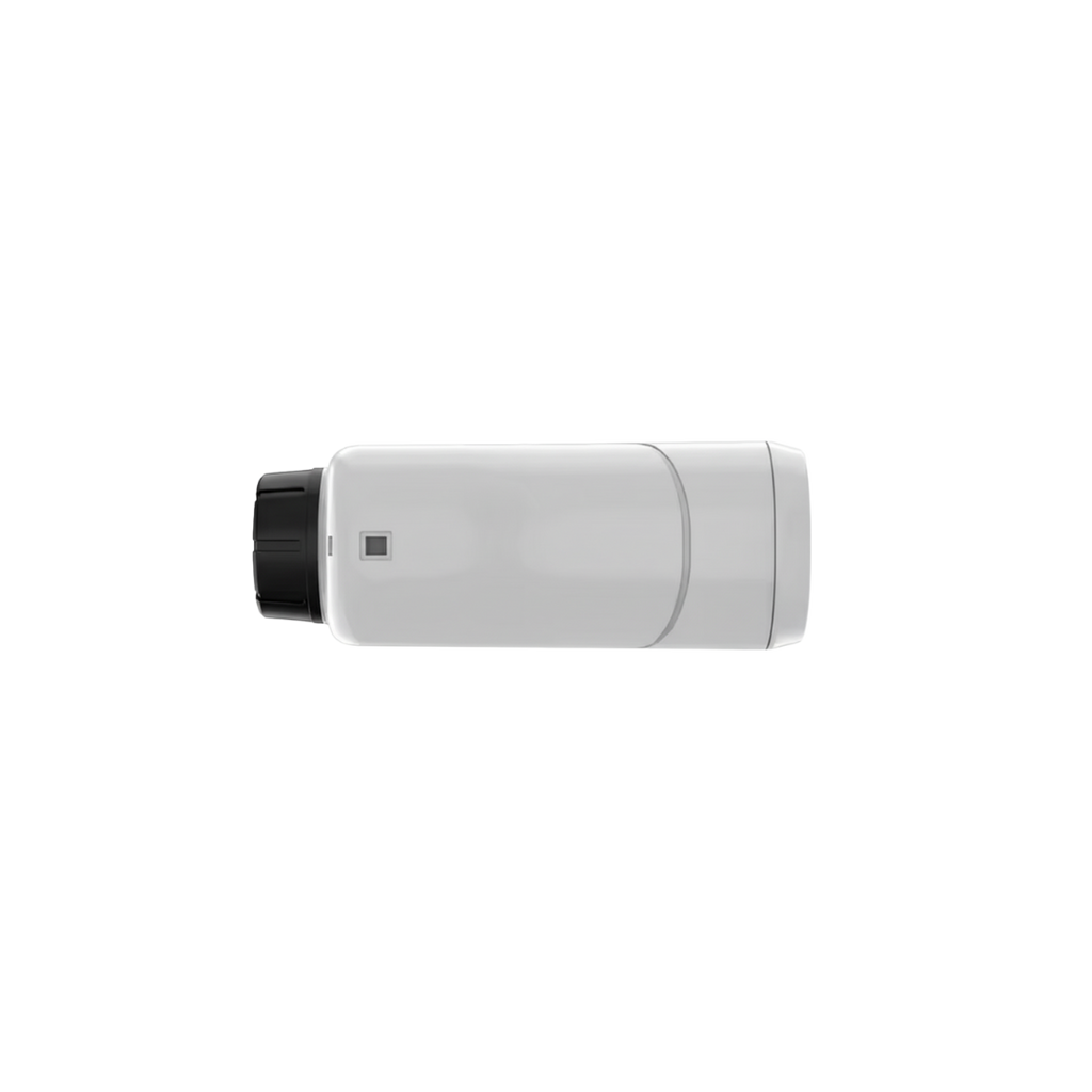 White cylindrical rangefinder with black top on a white background