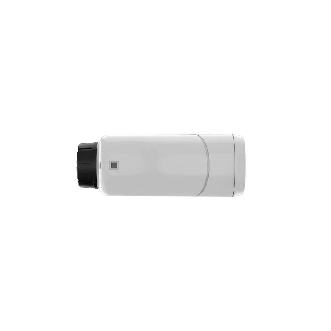 White cylindrical rangefinder with black top on a white background