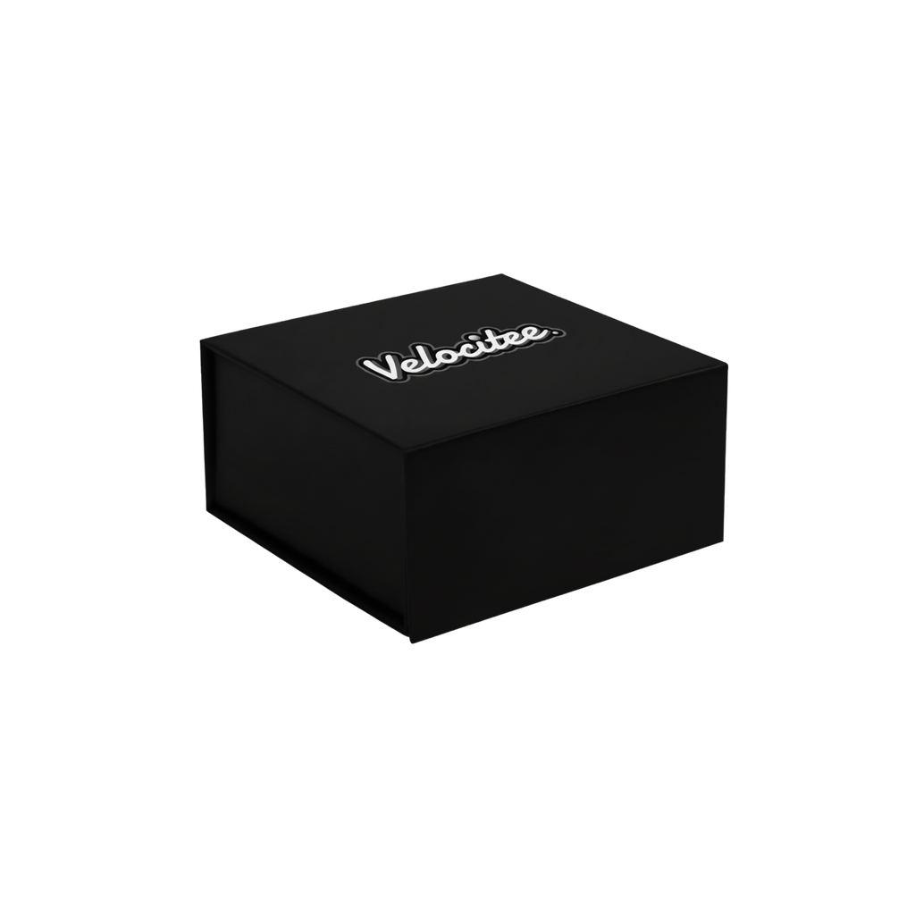 Black box with 'Velocitee' branding on a white background